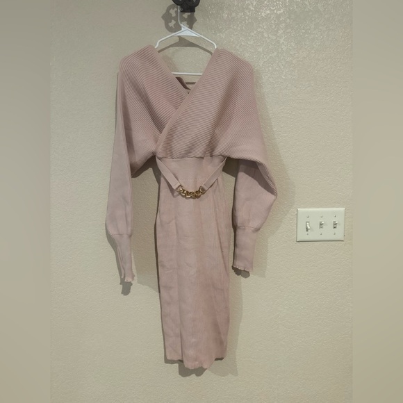 SHEIN Dresses & Skirts - NWOT Blush Pink Sweater Dress Women’s Small Off Shoulder Wrap Style Ribbed Knit